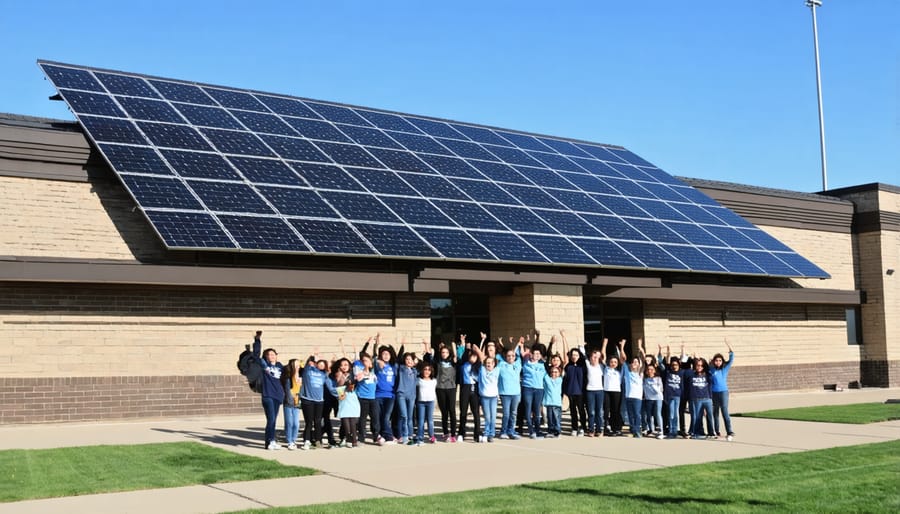 Rooftop solar array on a school building with students and teachers observing from ground level