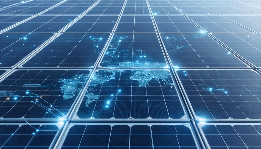 Solar installation with digital overlay showing real-time AI performance optimization metrics