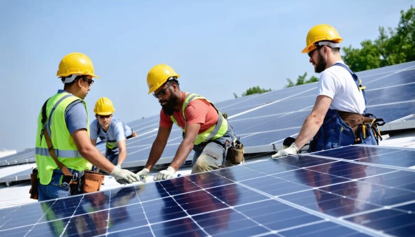 Students engaged in hands-on solar training session, installing solar panels under expert supervision on a mock-up roof structure in a professional training facility.