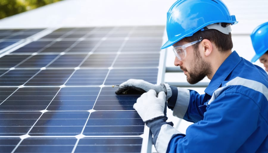 HVAC technician performing maintenance on solar-powered heating and cooling equipment