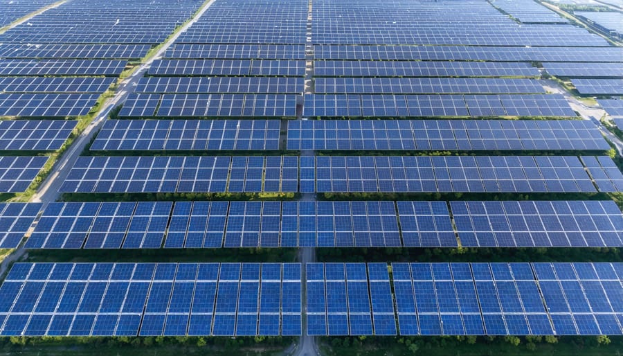 Solar panels connected to hydrogen electrolysis plant showing renewable energy integration