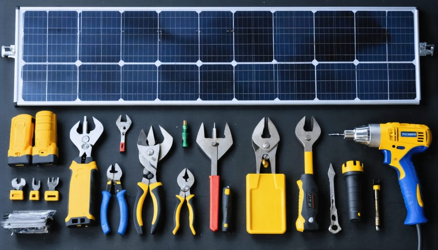 Collection of specialized solar installation tools including mounting hardware, meters, and safety equipment
