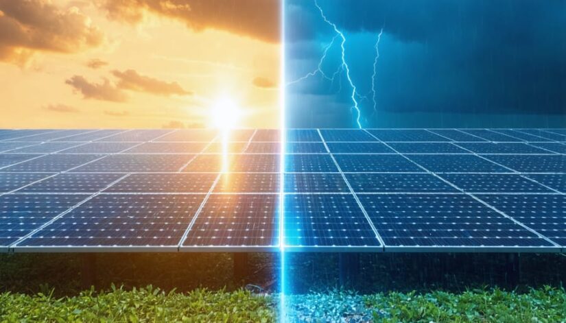 Split-screen image of a solar installation site under contrasting weather conditions, illustrating the impact of sunny versus stormy weather on project timelines, with digital timeline tools suggesting effective management.