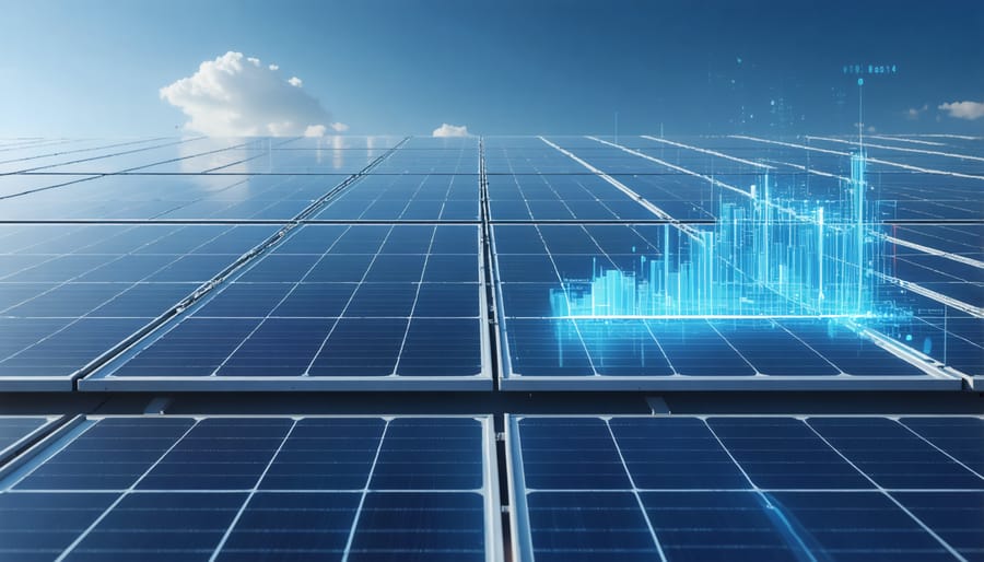 Interactive display of solar panel monitoring system showing performance analytics and energy production data