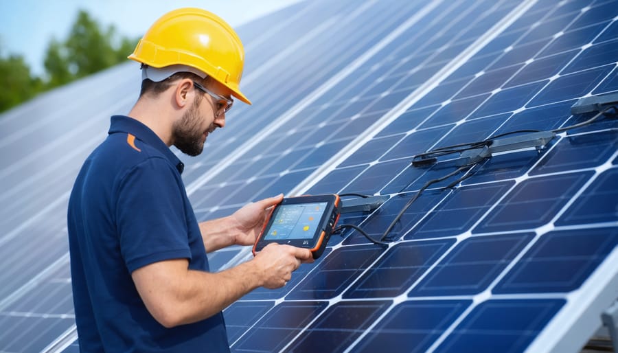 Solar training instructor explaining monitoring equipment readings to workshop participants