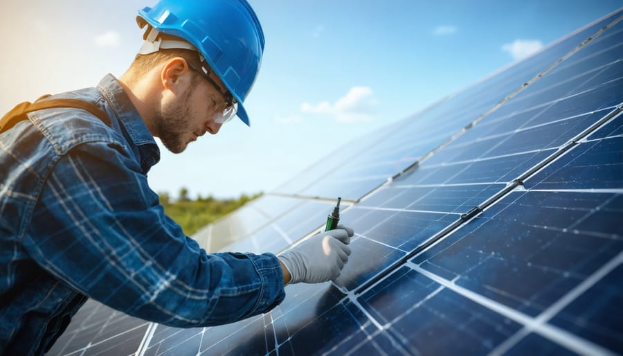Solar technician using monitoring device to check panel performance