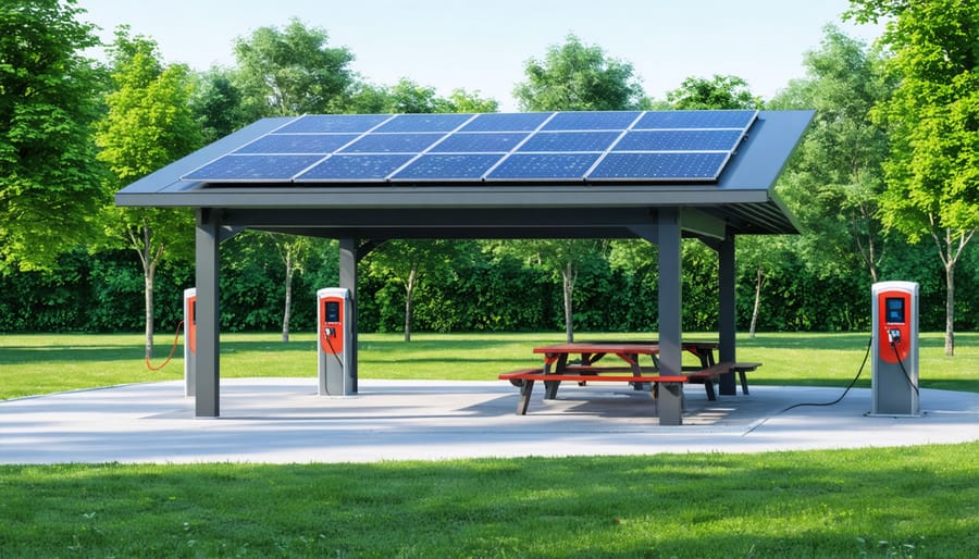 Solar-powered park pavilion with integrated seating and device charging stations