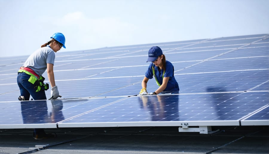 Group of trainees installing solar panels on a practice roof structure