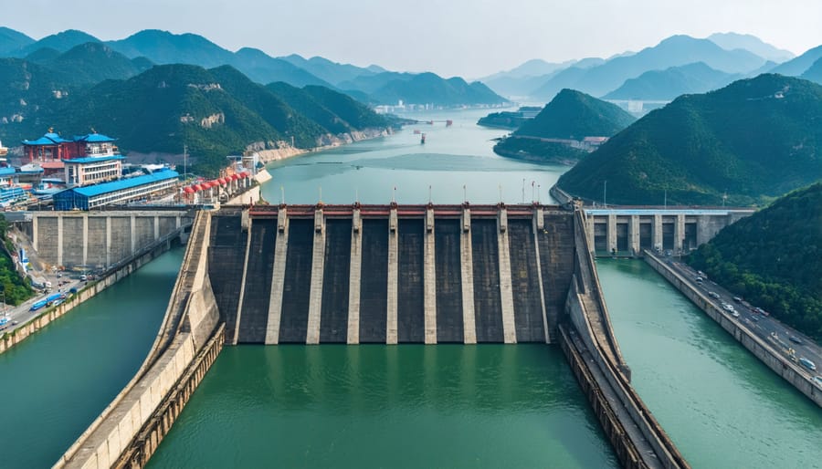 Aerial view of the Three Gorges Dam showing massive hydroelectric infrastructure and reservoir