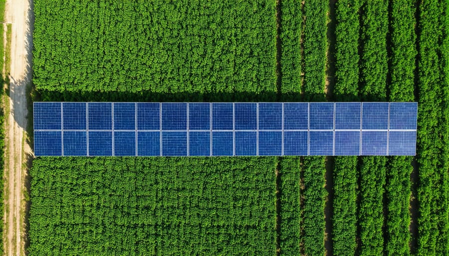 Overhead drone shot of solar panels installed above growing crops in an Illinois farm field