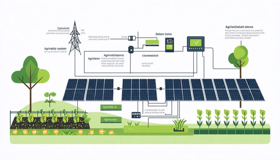 Technical illustration of solar panel arrangement, mounting systems, and crop spacing in an agrivoltaic setup