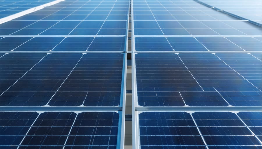 Transparent bifacial solar panel mounted on rack with visible front and back surfaces