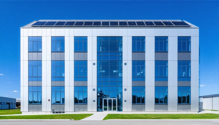Commercial building showcasing integrated solar windows and BIPV facade systems