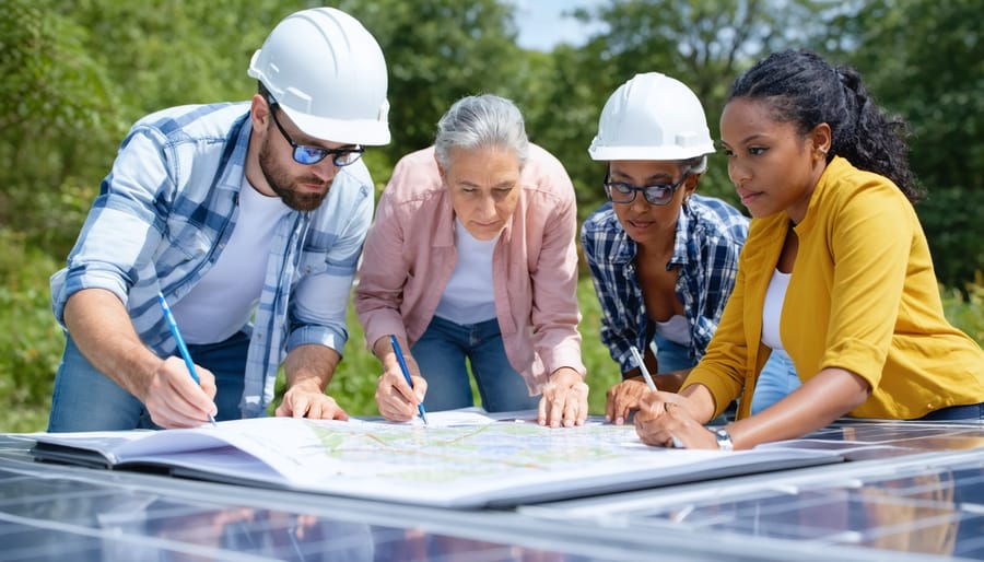 Local residents and business owners gathered around a table examining renewable energy project documents