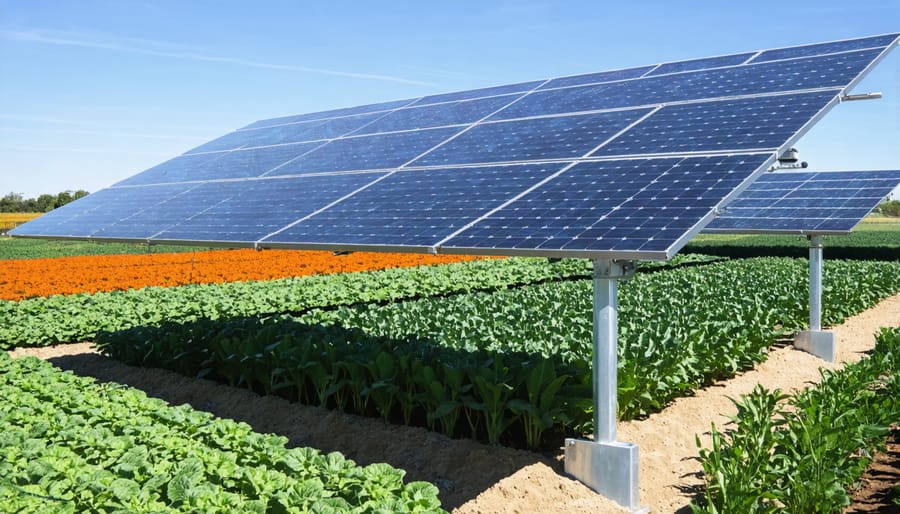 Ground-level view of crops growing under raised solar panels showing partial shade conditions