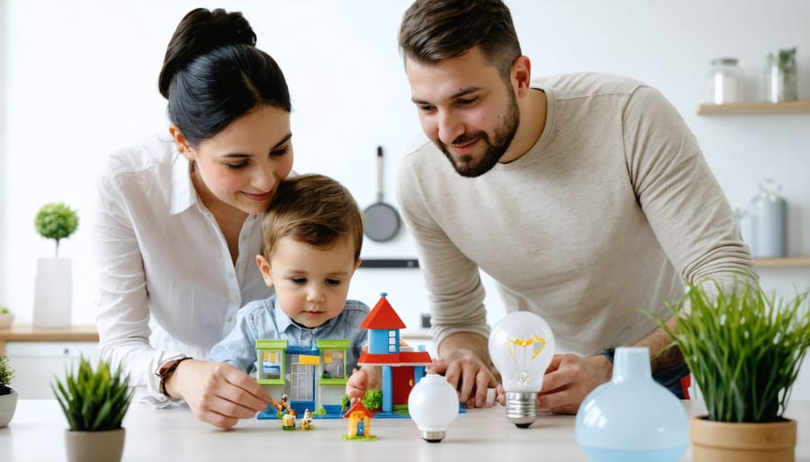 Family members working together to implement energy-saving practices in their home