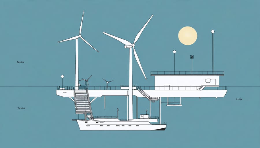 Cross-sectional diagram of floating wind turbine structure showing platform, turbine components, and underwater mooring system
