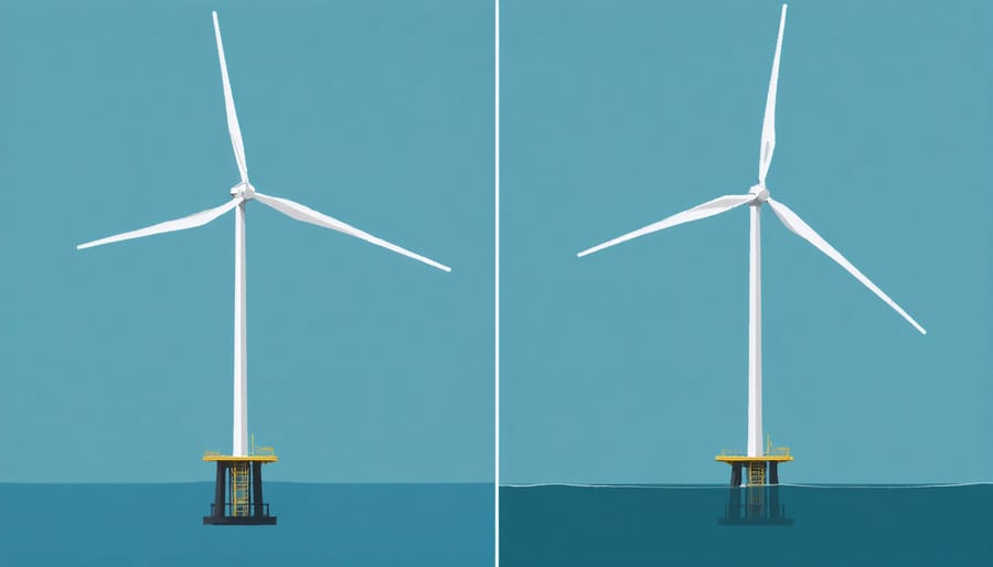 Side-by-side comparison of floating and fixed-bottom wind turbines showing water depth differences