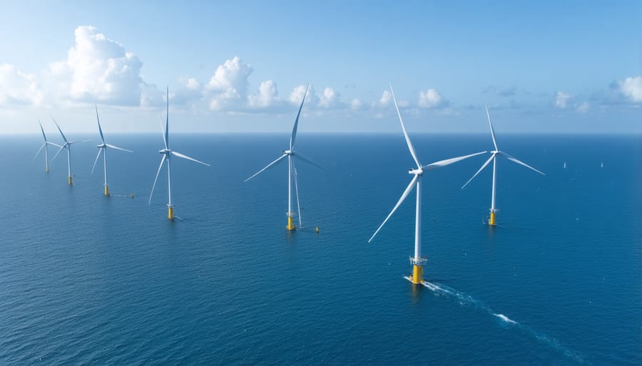 Aerial view of floating wind turbines operating in deep ocean waters with support vessels nearby