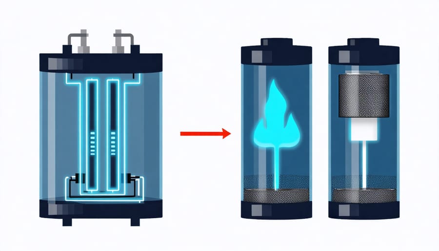 Cross-sectional comparison diagram showing components of a hydrogen fuel cell versus a battery