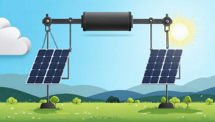 Illustration of gravity energy storage system featuring a large weight being lifted by a pulley system, integrated with solar panels against an Illinois landscape backdrop, highlighting renewable energy innovation and sustainability.