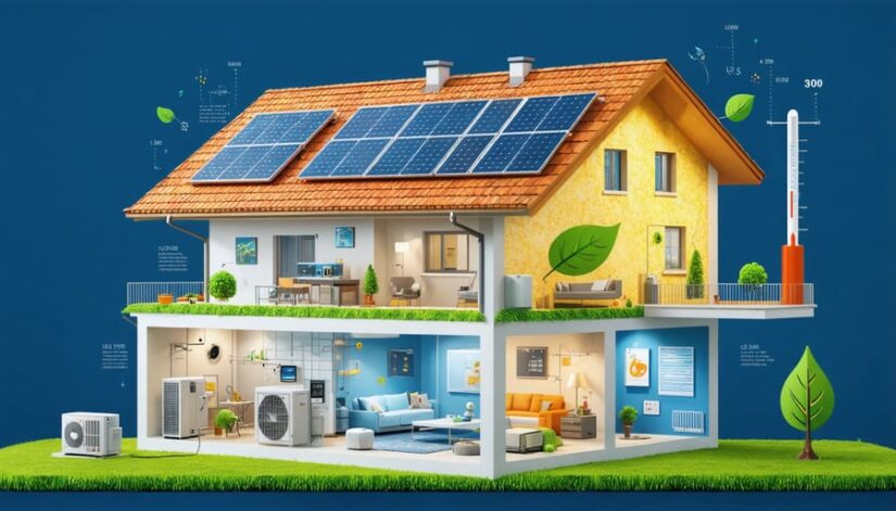 Illustration of a building's transformation into an energy-efficient powerhouse with enhanced insulation, solar panels, and updated HVAC systems, symbolizing a deep energy retrofit.