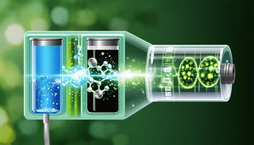 Conceptual illustration comparing the internal workings of a hydrogen fuel cell and a traditional battery, highlighting electron flow and chemical reactions with sustainable energy symbolism.