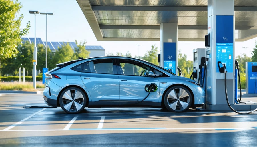 Hydrogen fuel cell car at refueling station with renewable energy integration