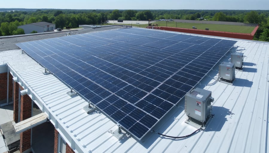 Aerial view of commercial solar panel installation showcasing circular system principles