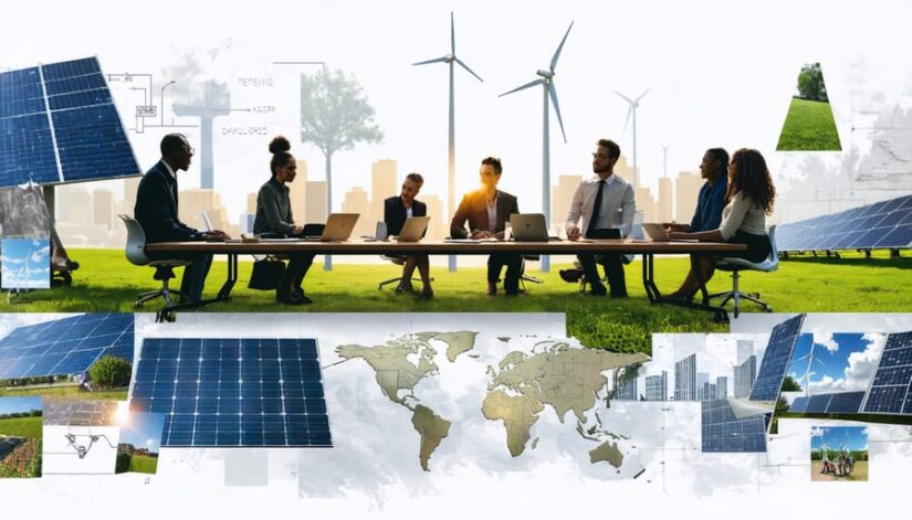 A diverse group of Illinois community members, including local leaders and residents, gathered around a table discussing solar plans, with large solar arrays and wind turbines visible in the background, symbolizing renewable energy progress.