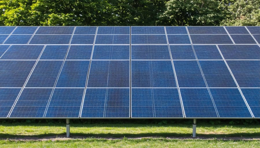 Large solar panel array on a community building with people celebrating its completion