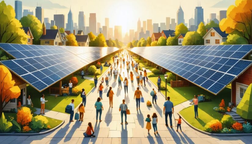 Conceptual illustration of Illinois community solar projects connecting solar panels to a diverse neighborhood, showcasing energy accessibility and savings for all residents.
