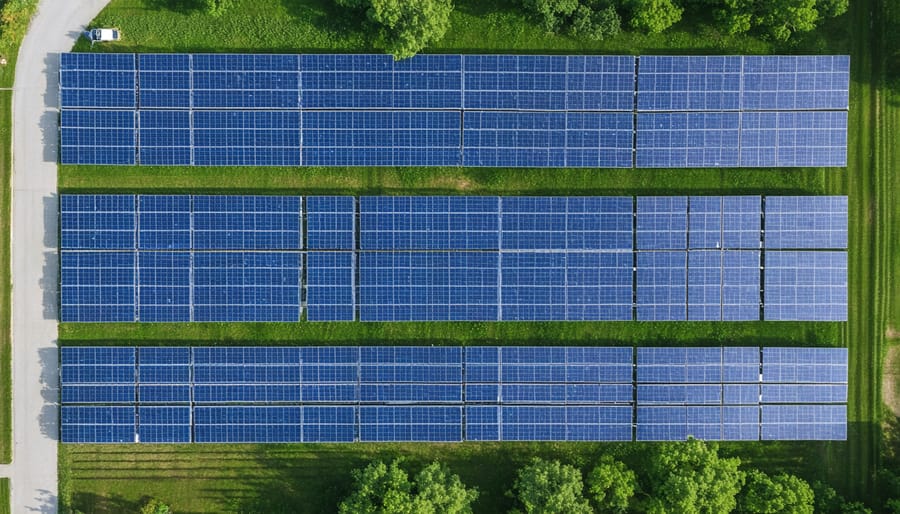 Large solar panel array installed in a shared community space with houses visible nearby