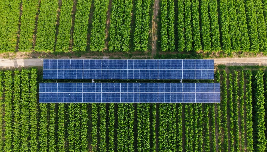 Drone shot of agricultural land featuring solar panel arrays integrated with working farmland