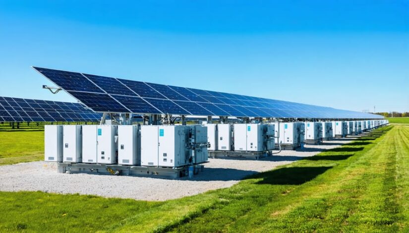 A modern utility-scale energy storage facility in Illinois featuring rows of lithium-ion battery units integrated with solar panel arrays, showcasing the transformation of solar projects through advanced technology.