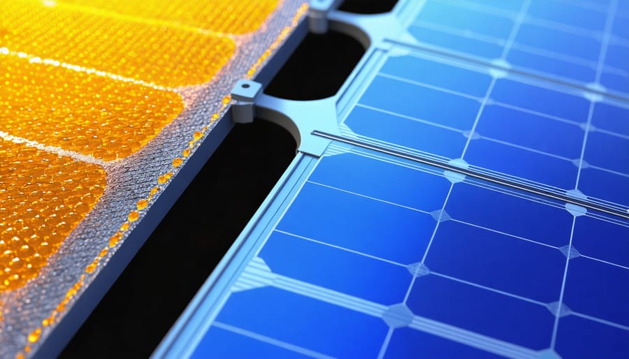 Side-by-side microscopic view of perovskite and silicon solar cell layers