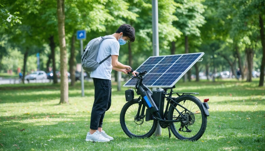 Demonstration of portable solar panel setup with electric bicycle