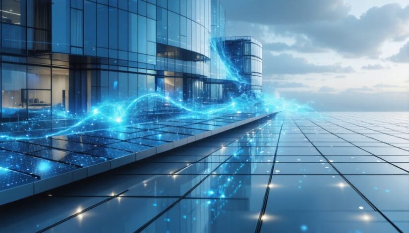 Conceptual illustration of a futuristic smart building with energy quanta represented as discrete packets flowing through solar panels and lighting systems, highlighting the integration of quantum principles in building efficiency.