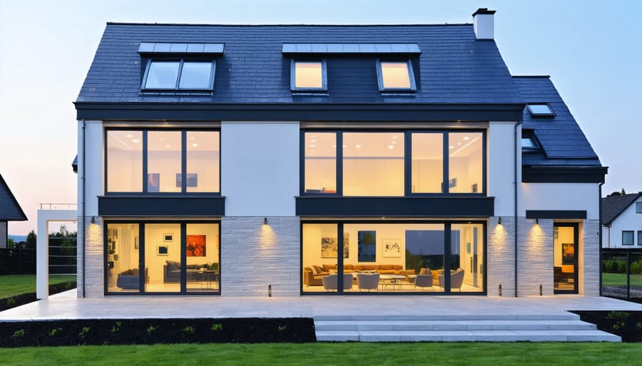 Workers installing energy-efficient windows and adding exterior insulation to building facade