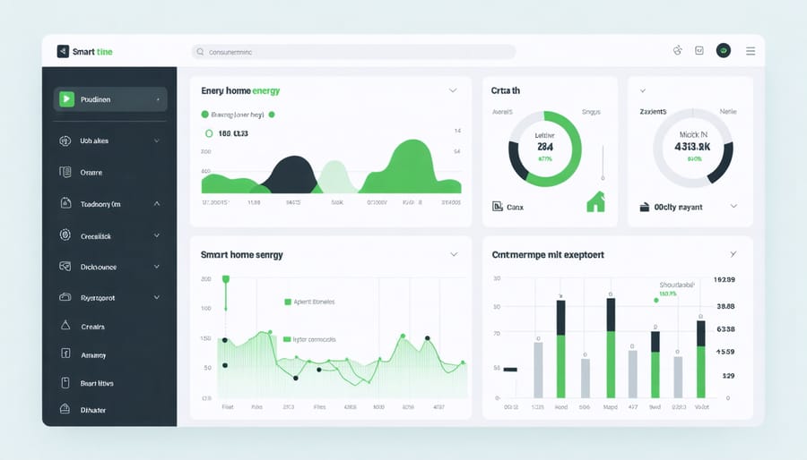 Digital dashboard displaying real-time home energy usage with colorful graphs and consumption metrics