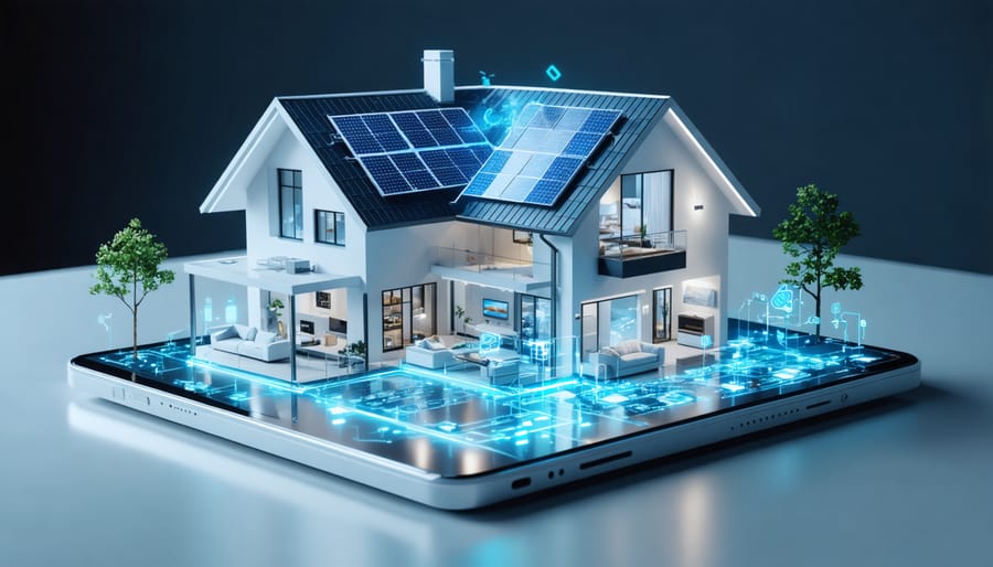 Interactive visualization of home energy management system showing energy flow between devices