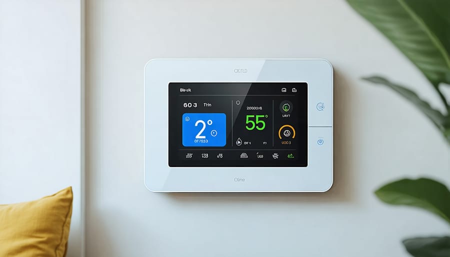 Digital smart thermostat interface displaying temperature settings and energy consumption graphs