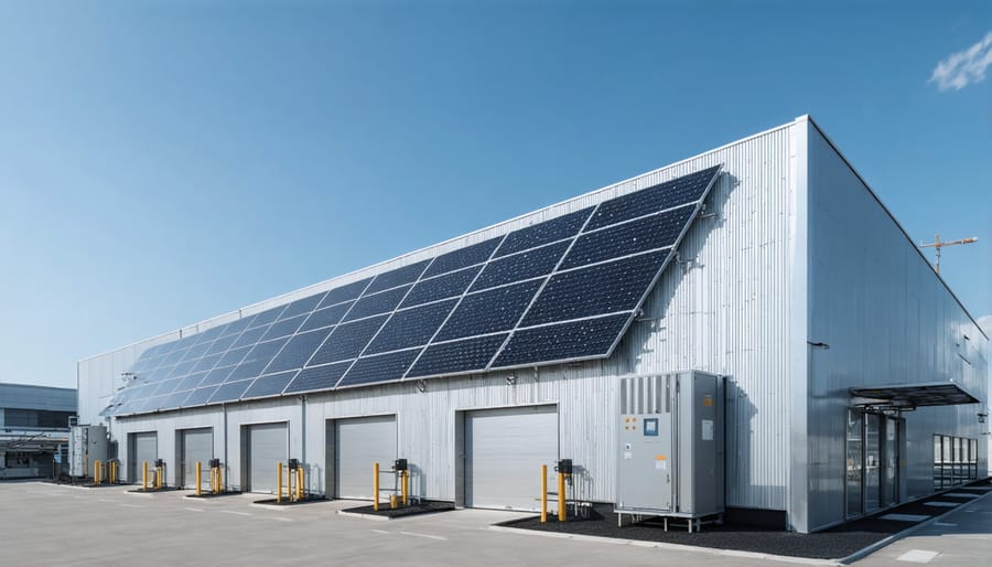 Architectural visualization of a combined solar and gravity storage installation on a commercial property
