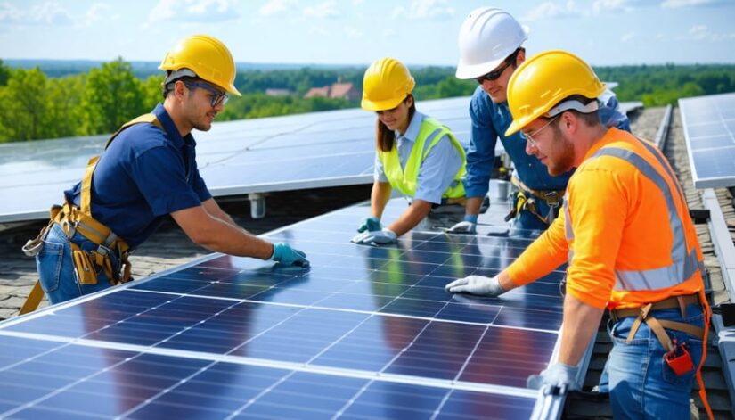 Diverse group of solar professionals in training, wearing safety gear, and working on solar panel installations in an Illinois landscape. The image symbolizes career growth and sustainability in the local solar industry.
