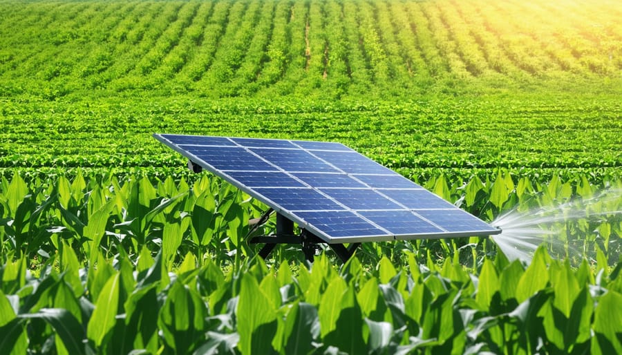 Solar panels powering an automated irrigation system in a cornfield during operation