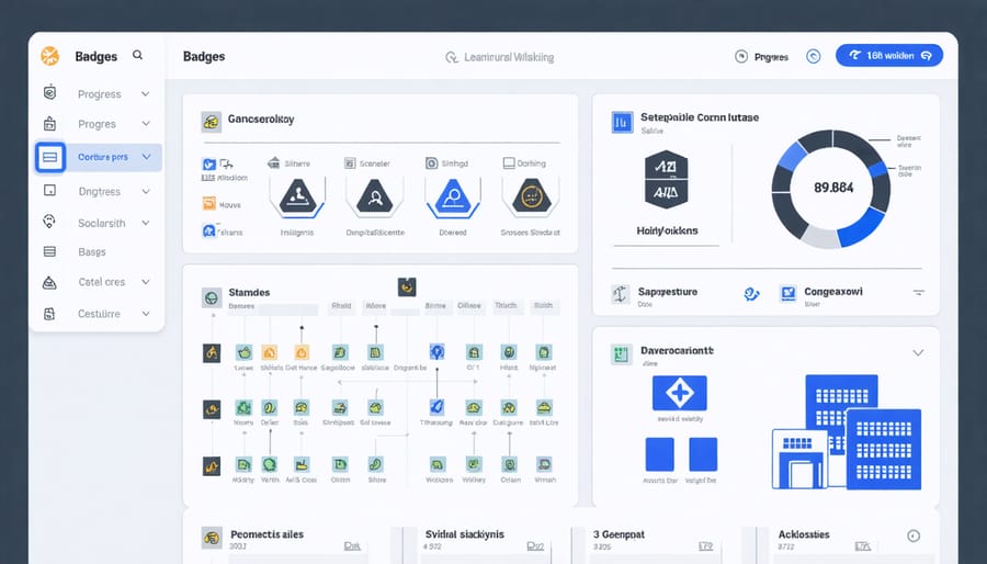 Gamified learning platform dashboard displaying user progress and achievements in solar training