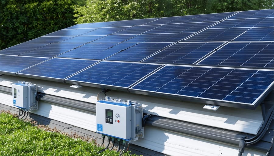 Residential rooftop solar installation with visible monitoring devices and battery storage unit