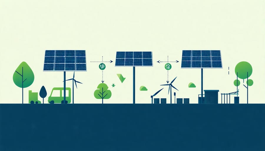 Circular diagram illustrating the solar panel lifecycle stages including production, installation, operation, and recycling