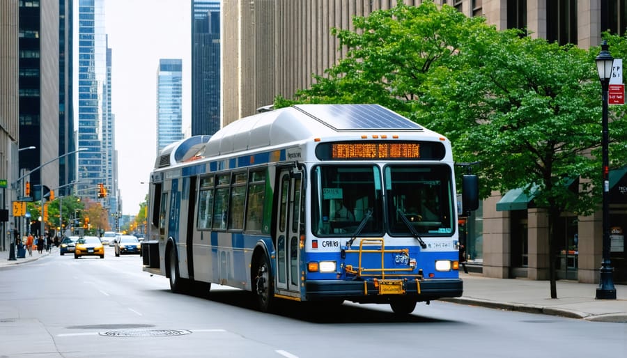 Public transit bus equipped with rooftop solar panels driving through Chicago streets