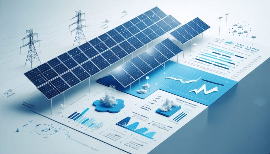 Interactive 3D display of solar energy production metrics and weather patterns in virtual reality